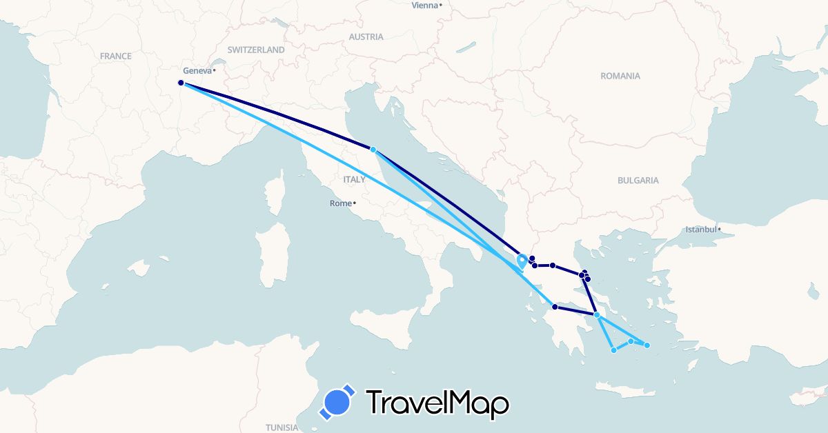 TravelMap itinerary: driving, boat in France, Greece, Italy (Europe)